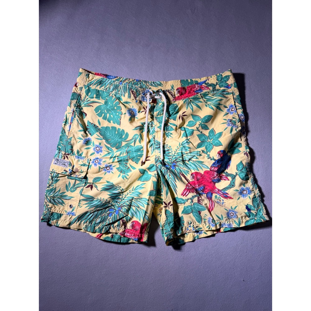 Vintage Polo Ralph Lauren Swim Trunks Mens Large Yellow Tropical Parrot Print